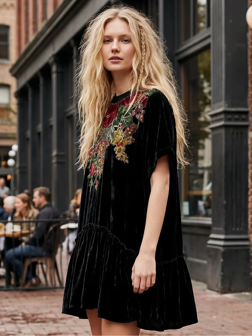 Free People Bohemian Sweet Echoes Black Floral Velvet Devore Tunic Dress Small